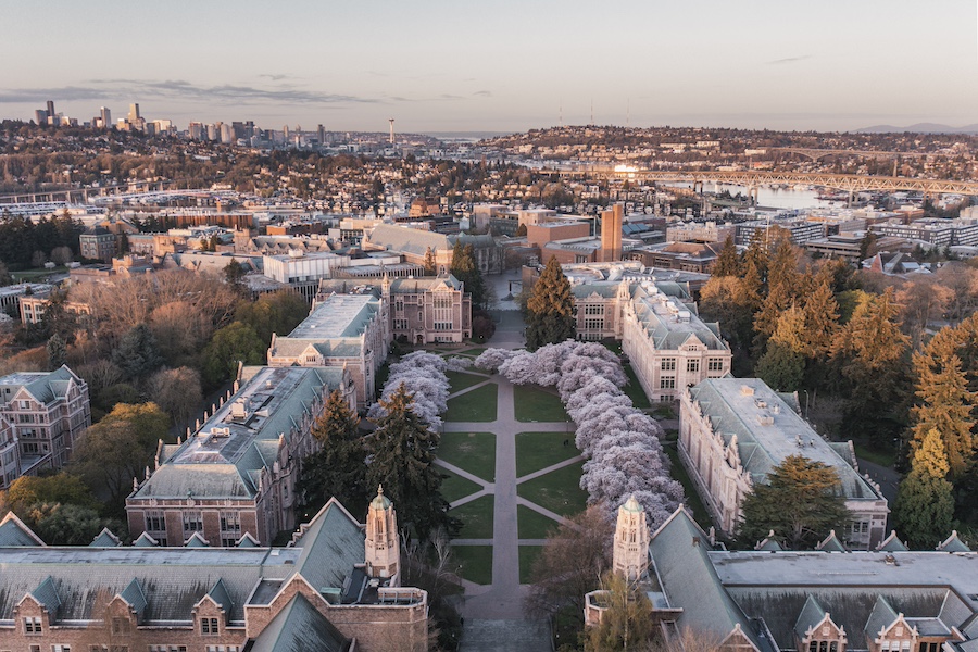 An aerial view of the cherry blossoms of the University of Washington in Seattle during sunrise