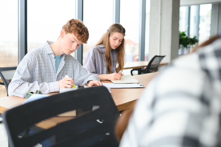 Students studying in library or classroom.