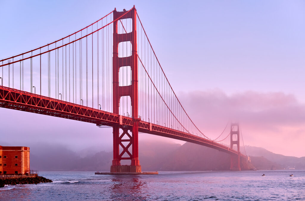 Golden Gate Bridge view from Fort Point at sunrise, San Francisco, California, USA