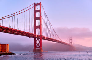 Golden Gate Bridge view from Fort Point at sunrise, San Francisco, California, USA