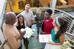 View of university students discussing research