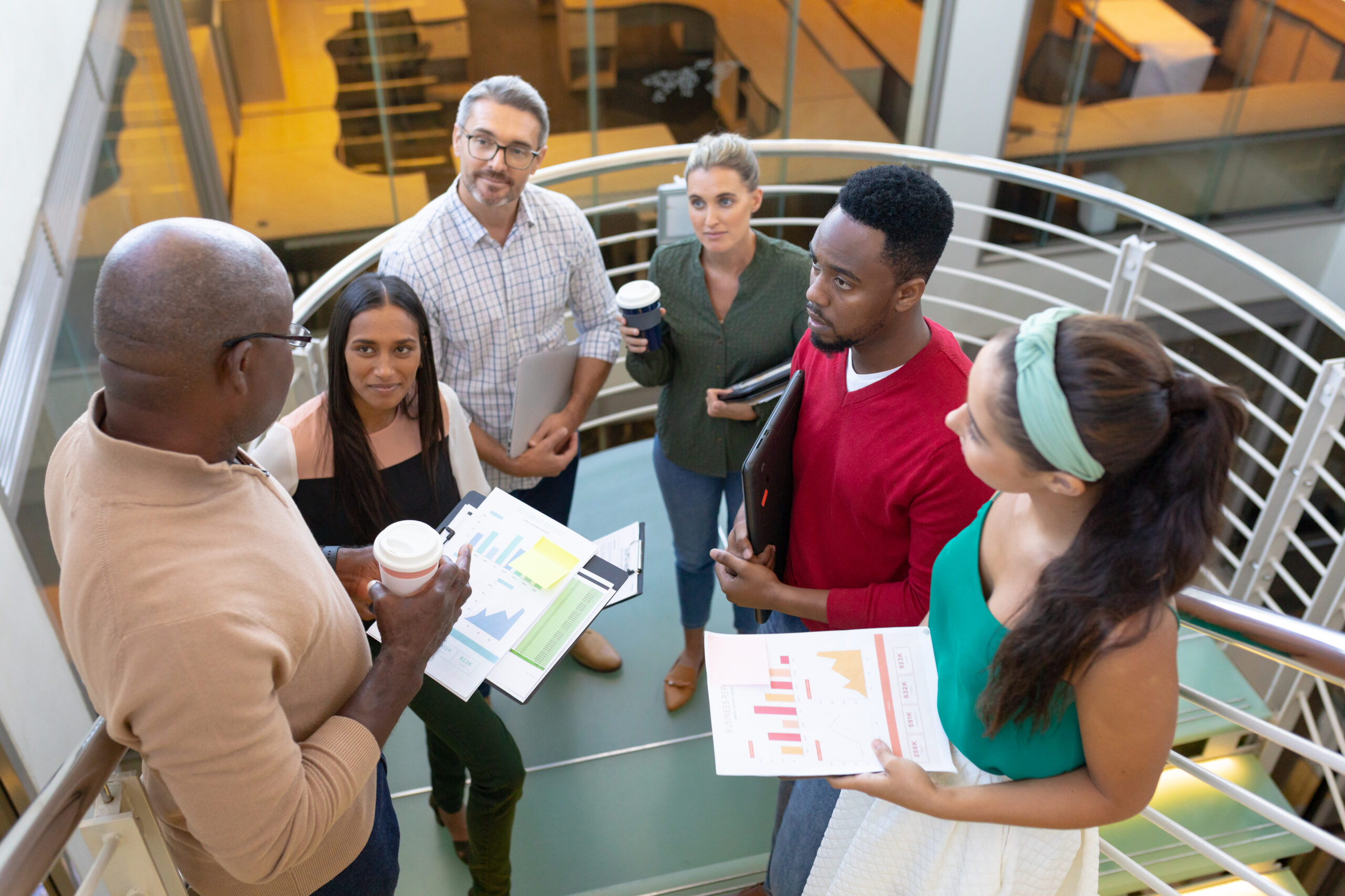 View of university students discussing research