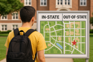 Student with Backpack Looking at Campus Map Marked “In-State” & “Out-of-State