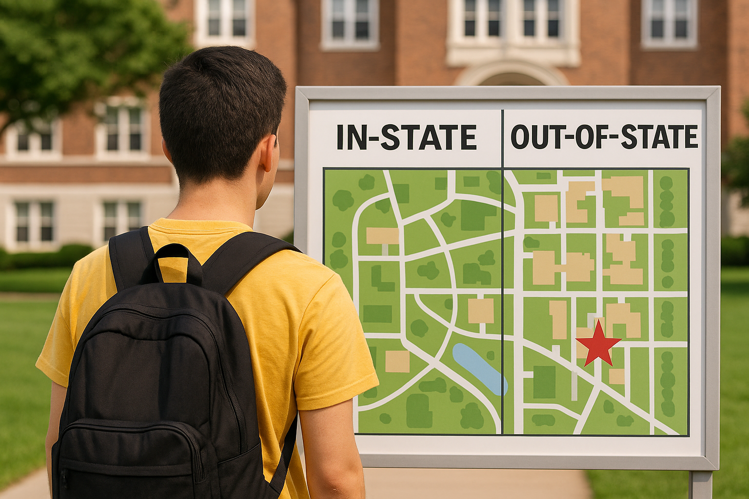 Student with Backpack Looking at Campus Map Marked “In-State” & “Out-of-State