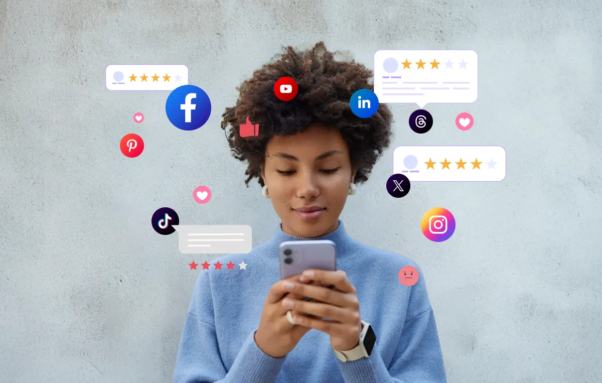 A student checks her phone as social media icons and reactions surround her