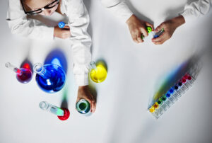 Table with laboratory glassware